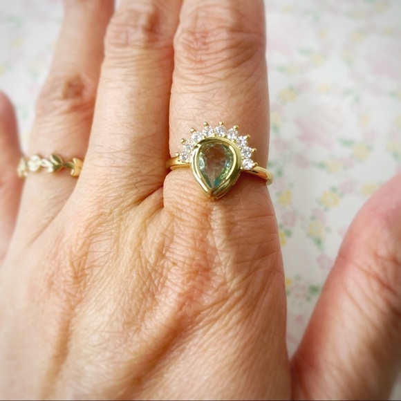 Pale Green Teardrop Faux Amethyst Semi-Halo Ring 6 - Picture 2 of 4